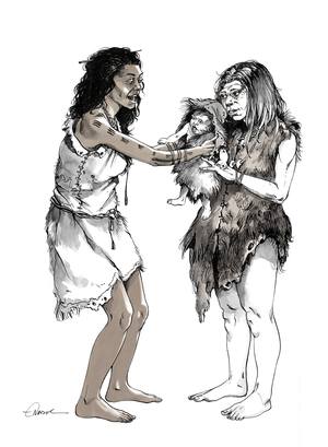 Une rencontre Néandertal/Cro-Magnon. Illustration M.-O. Nadel