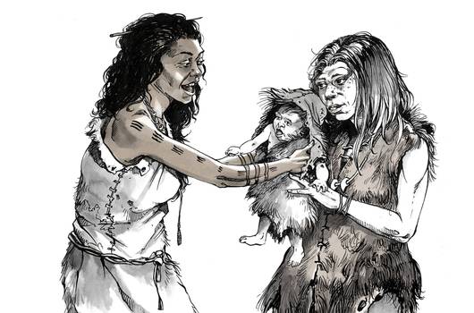 La rencontre Néandertal/Cro-Magnon. Illustration M.-O. Nadel.