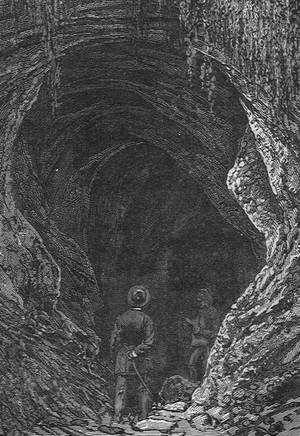 Entrée de la grotte des Eyzies. Source : " La création du monde et les premiers âges de l'humanité." / H. du Cleuziou.  1887.